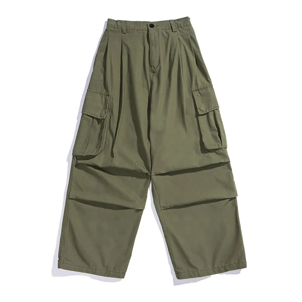 Solid Color Safari Style Cargo Pants - Pleated Loose Straight-leg