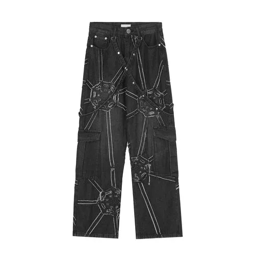 Spider Baggy Jeans Denim Black Loose Straight Cargo Y2k Wide Leg Jeans