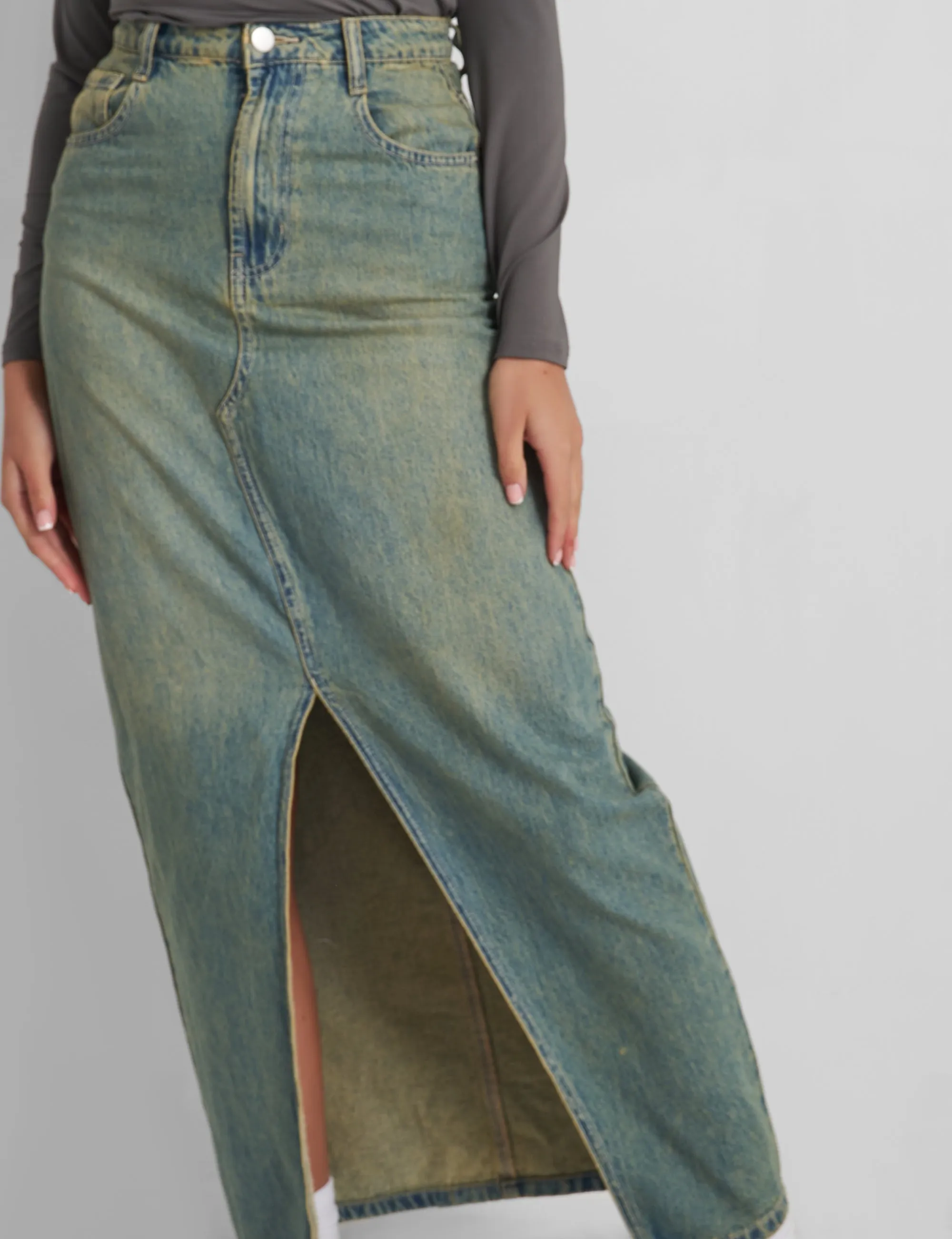 Split Front Denim Maxi Skirt Vintage Wash