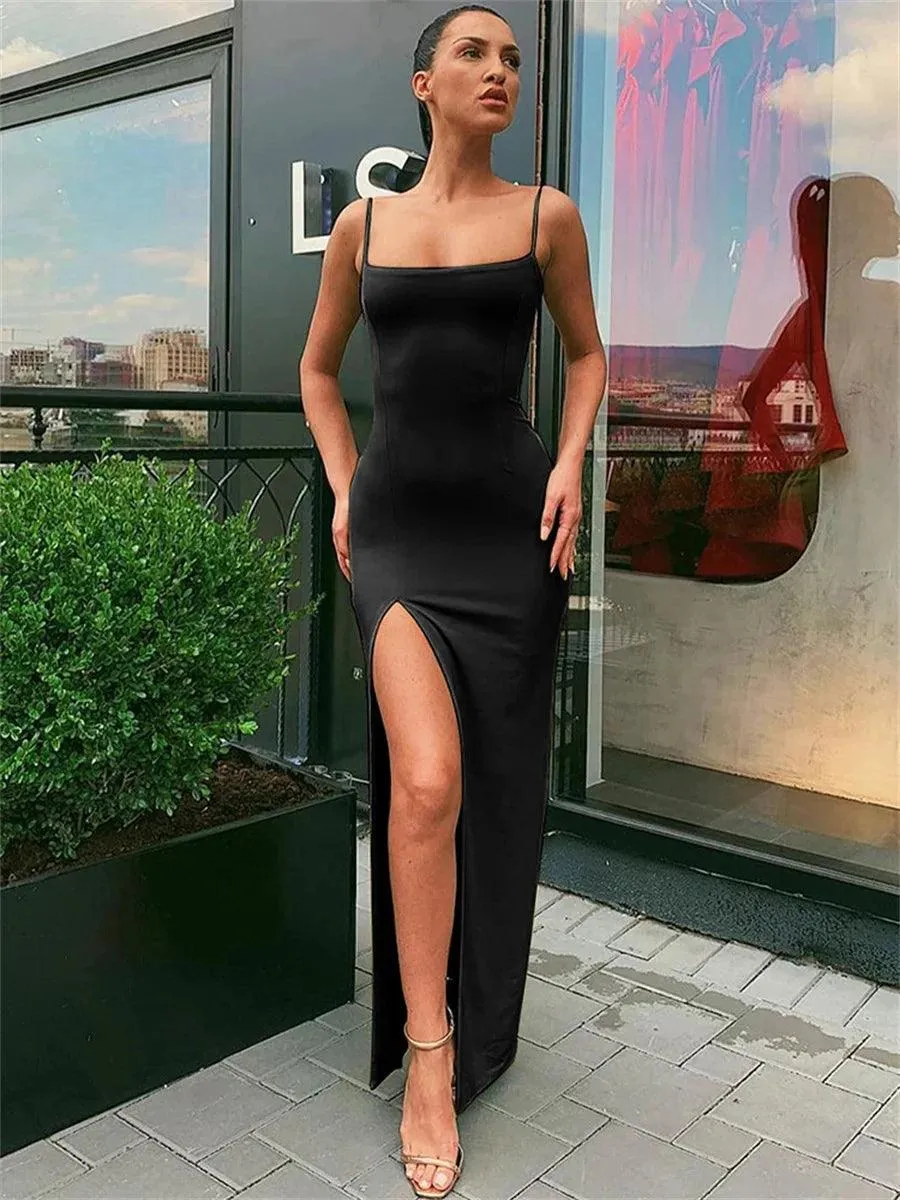 Summer Chic Bodycon Dress: Spaghetti Strap Sleeve Solid Color Sheath