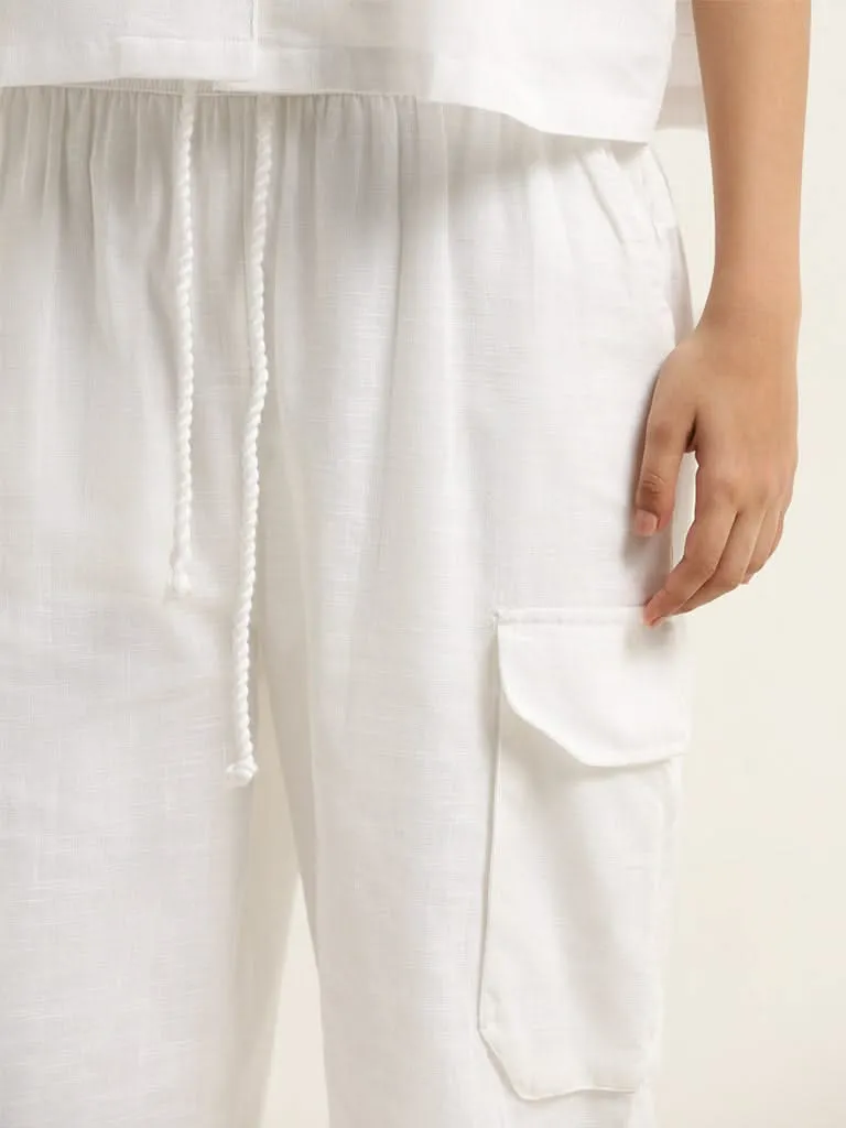 Superstar White Wide-Leg Cotton High-Rise Cargo Pants