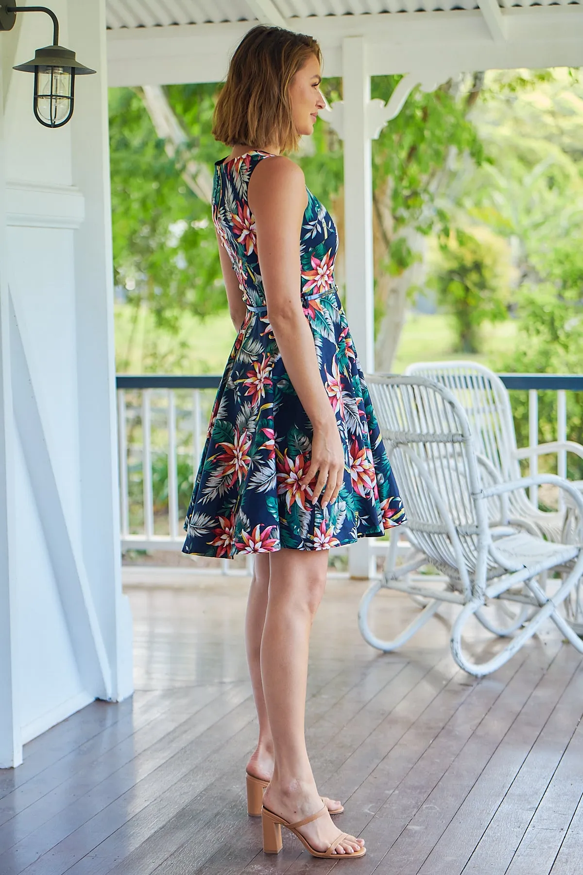 Tabitha Navy Tropical Print Belted A line Dress