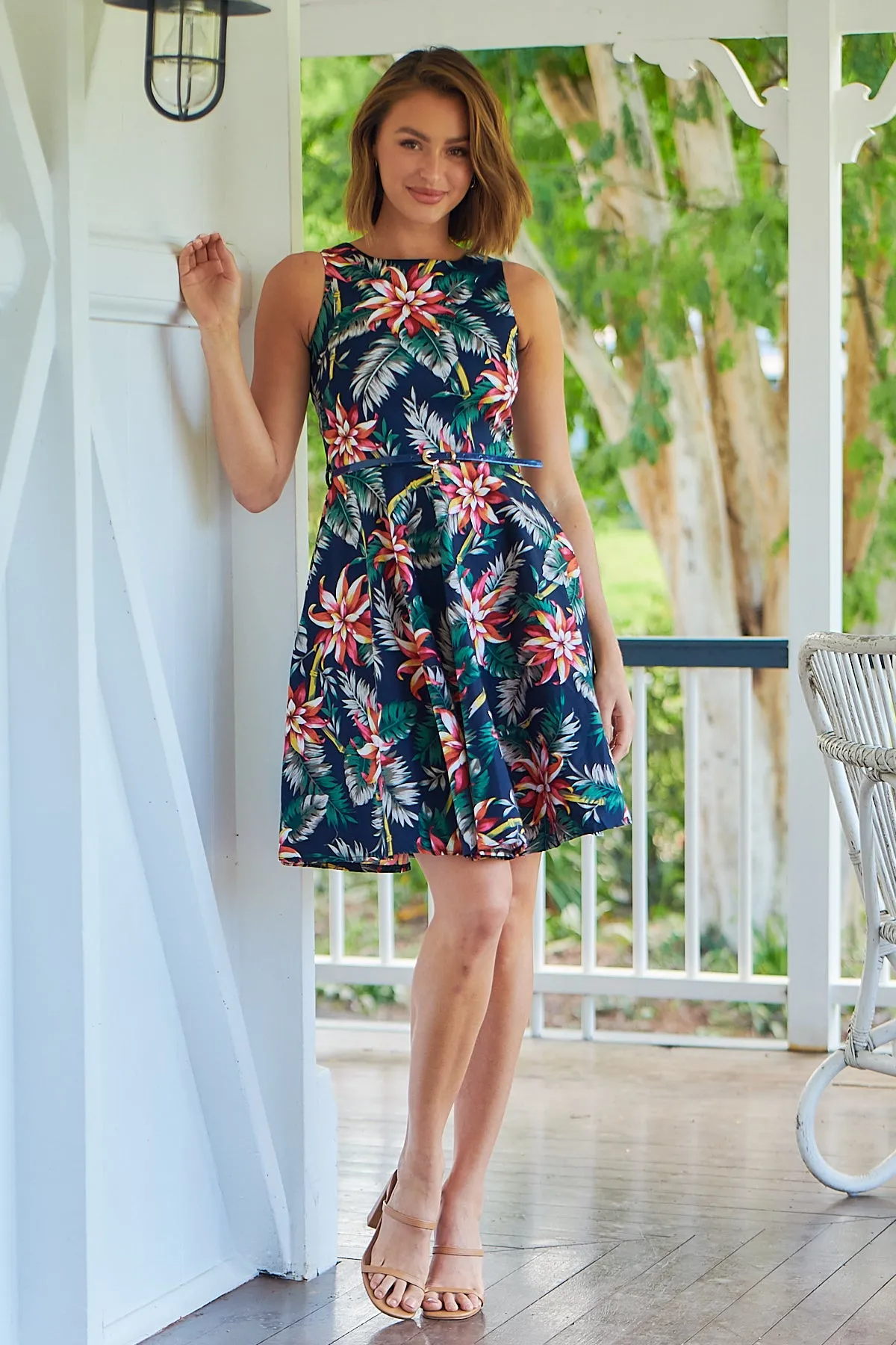 Tabitha Navy Tropical Print Belted A line Dress