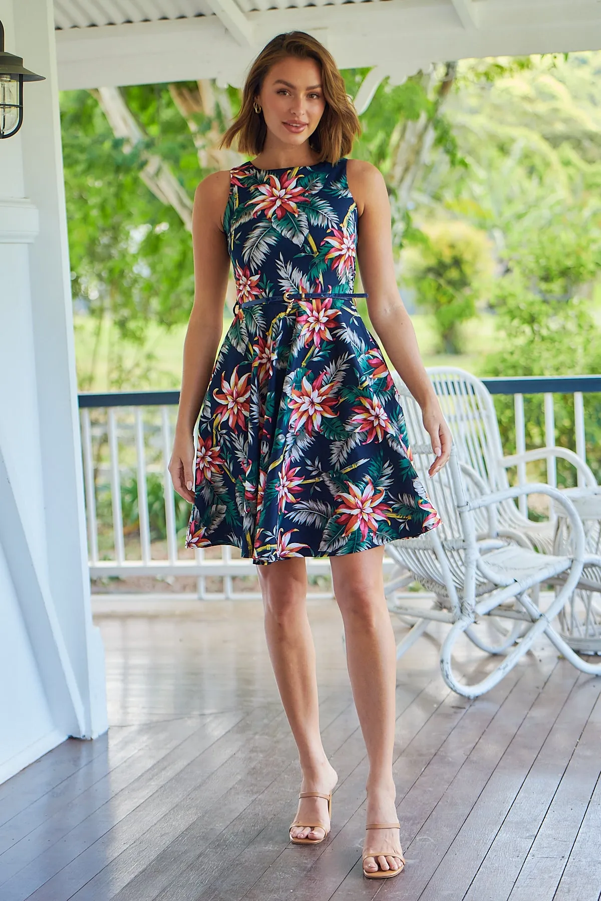 Tabitha Navy Tropical Print Belted A line Dress