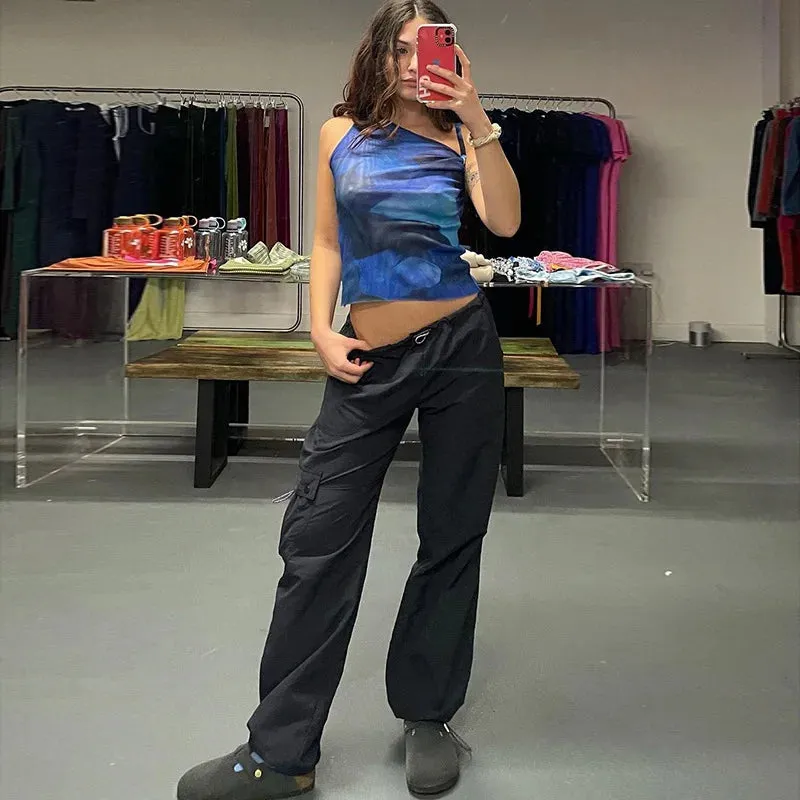 TAVIMART  -  Women Cargo Pants Black Y2K Casual Jeans Low Rise Trousers Blue Vintage Gothic Print Baggy Wide Leg Denim Aesthetic