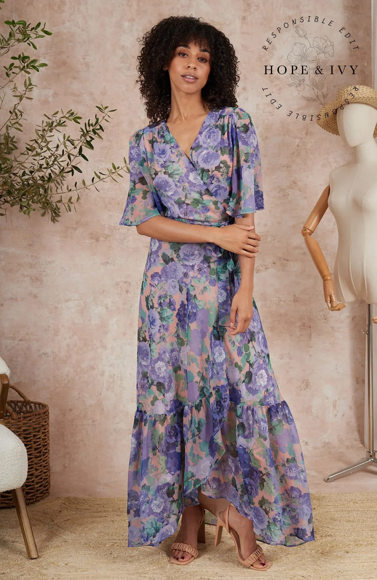 The Eira Flutter Sleeve Maxi Wrap Dress With Tie Waist