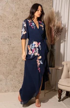 The Gisela Embroidered Flutter Sleeve Maxi Wrap Dress