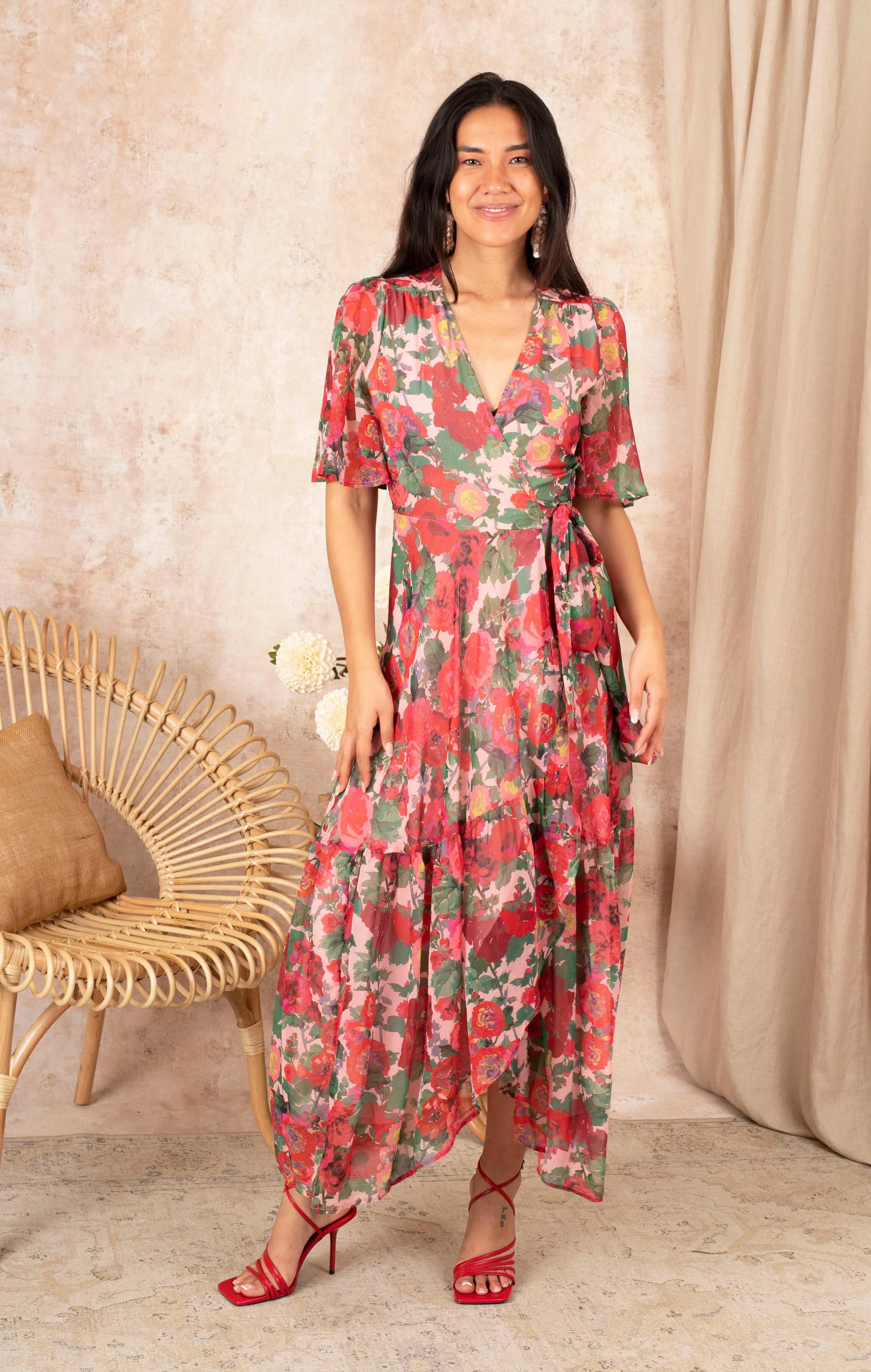 THE SHARON FLUTTER SLEEVE MAXI WRAP DRESS (RED)