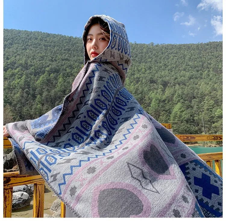 Tibetan ethnic shawl women's Autumn hooded cloak air-conditioned room warm cloak scarf