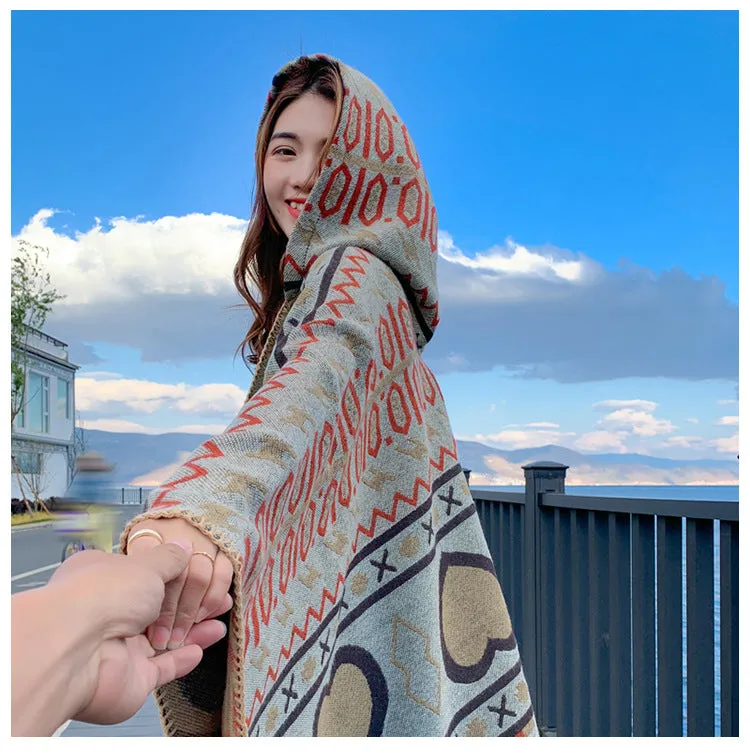 Tibetan ethnic shawl women's Autumn hooded cloak air-conditioned room warm cloak scarf