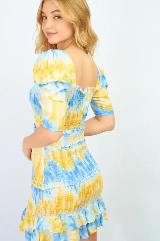 Tie Dye Smocked Dress - Yellow/Blue