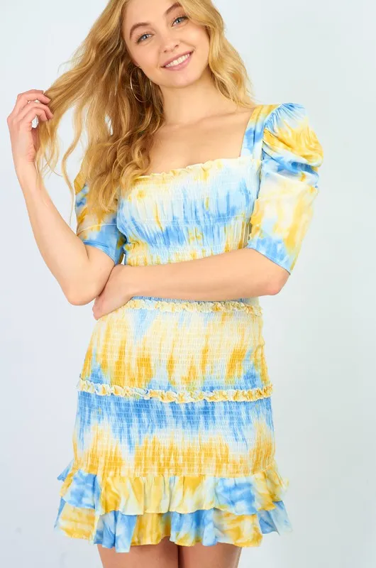 Tie Dye Smocked Dress - Yellow/Blue