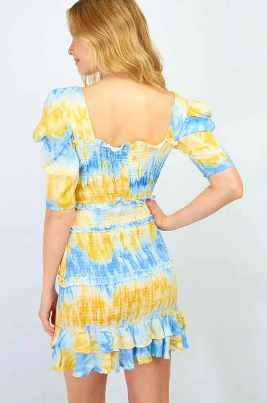 Tie Dye Smocked Dress - Yellow/Blue