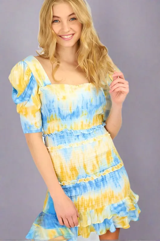 Tie Dye Smocked Dress - Yellow/Blue