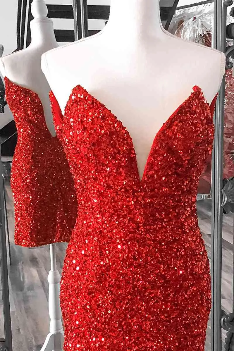 Tight V Neck Red Sequins Short Party Dress,Sparkly Bodycon Dresses