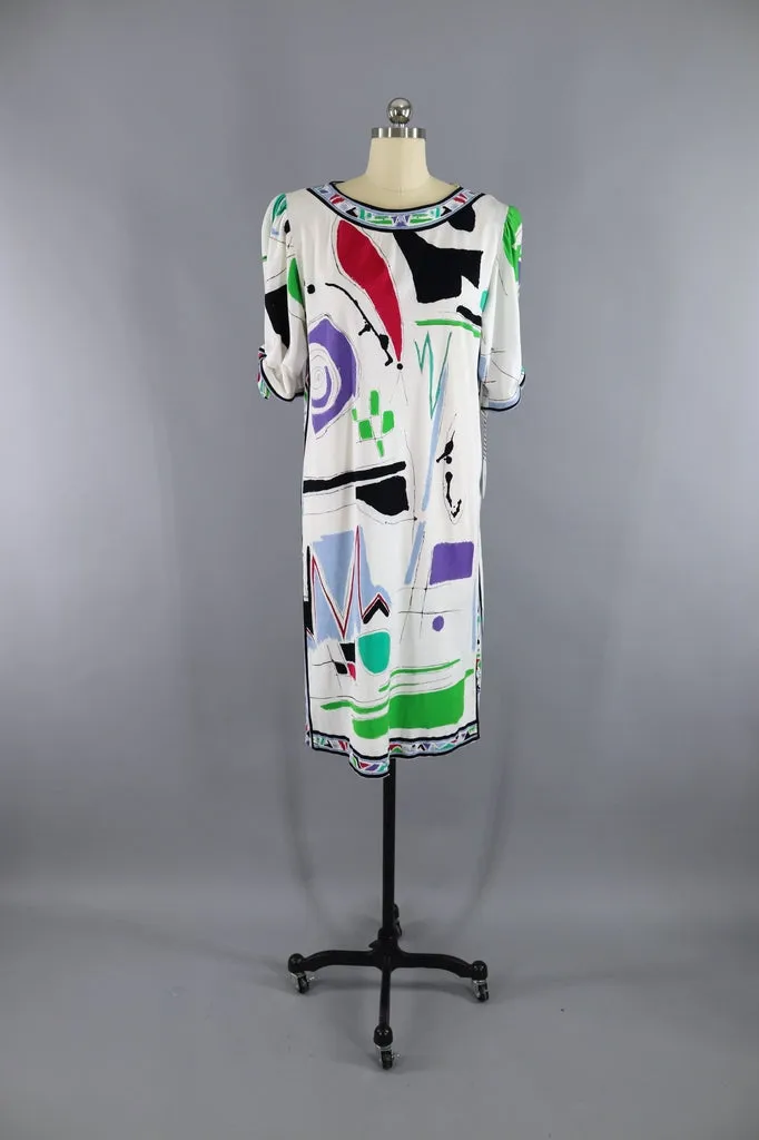 Vintage 1980s Leonard Paris Designer Dress / White Abstract Print Knit