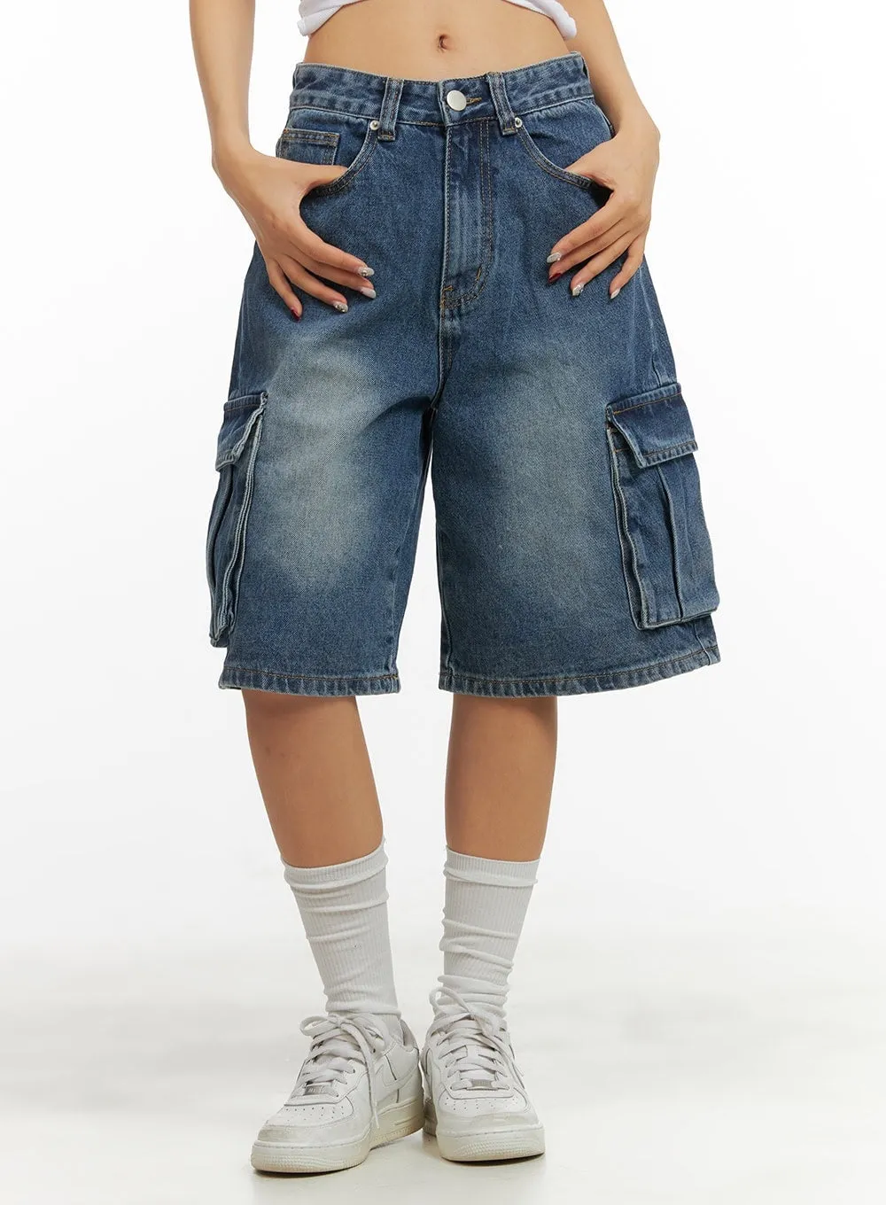 Washed Denim Cargo Jorts CY420