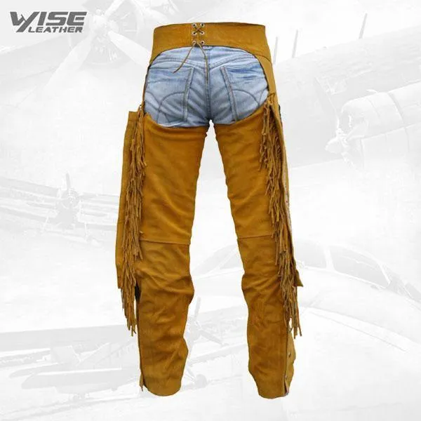 Western Leather Indian Chaps Pants in Ocher for Carnival and Fasching