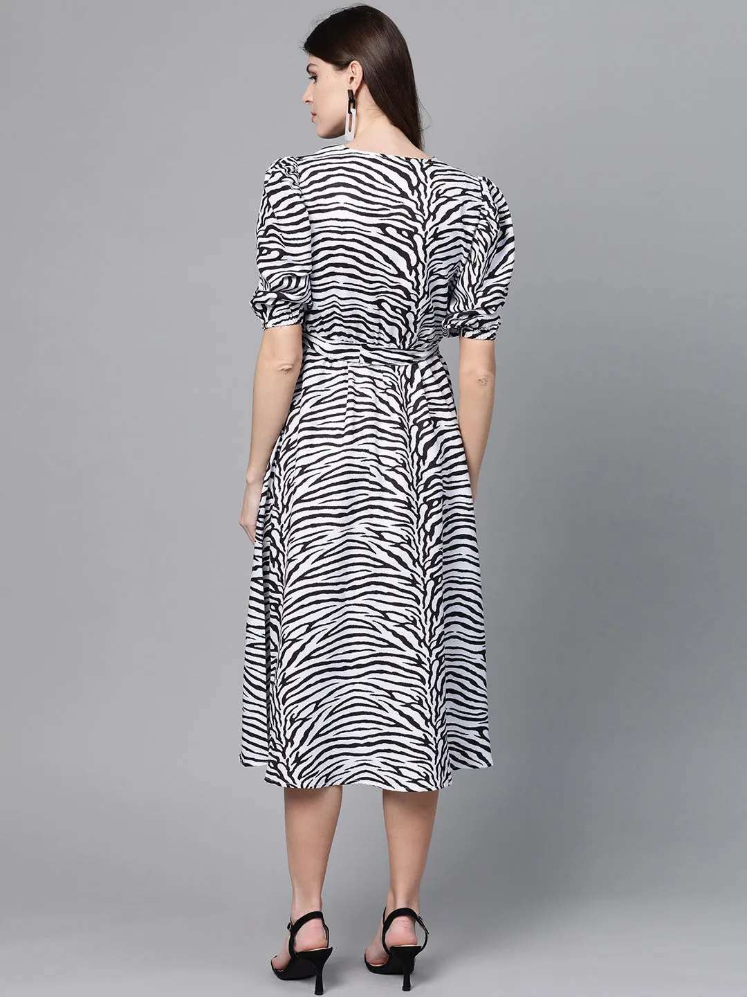 White & Black Zebra Belted Midi