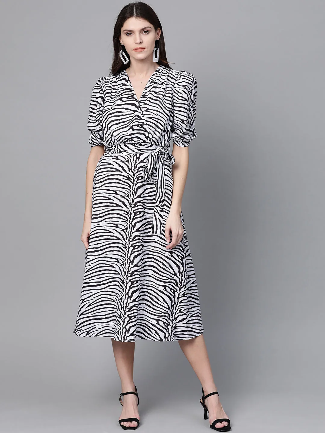 White & Black Zebra Belted Midi