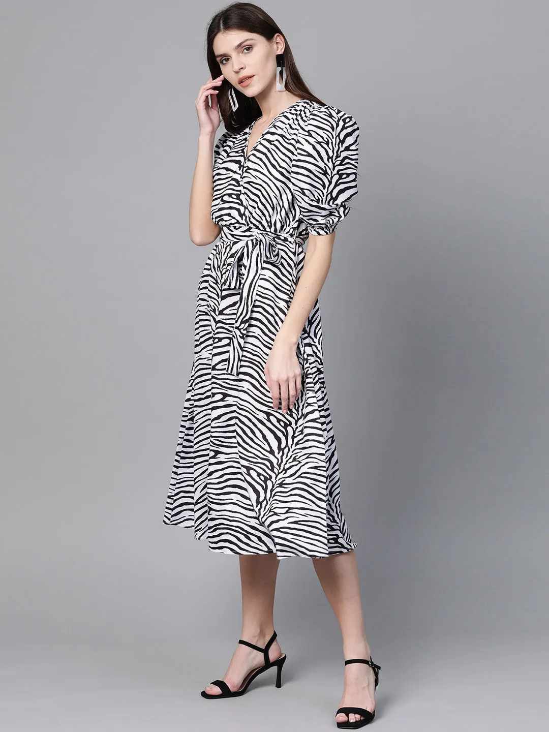 White & Black Zebra Belted Midi