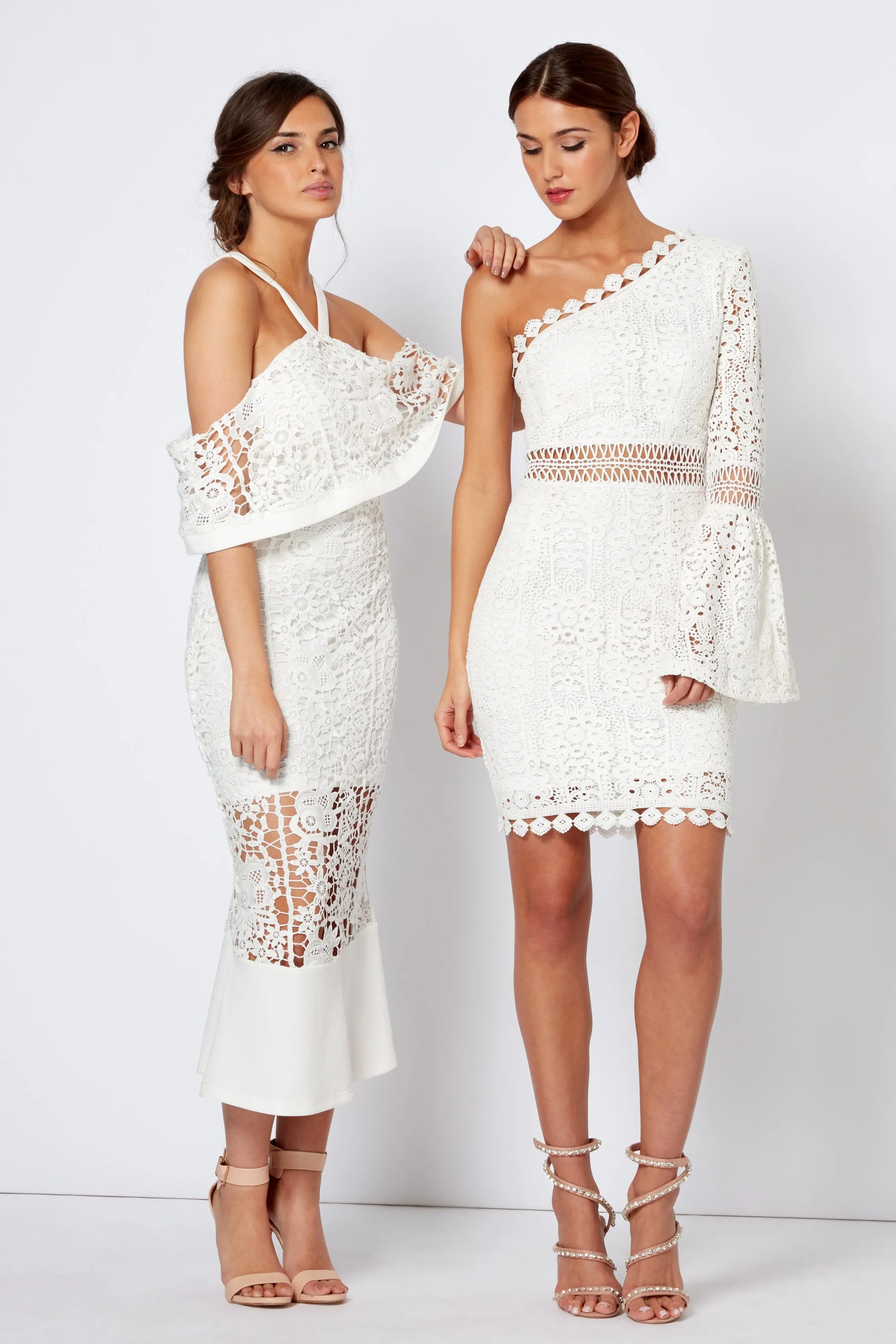 White Crochet Overlay Frill Midi Dress