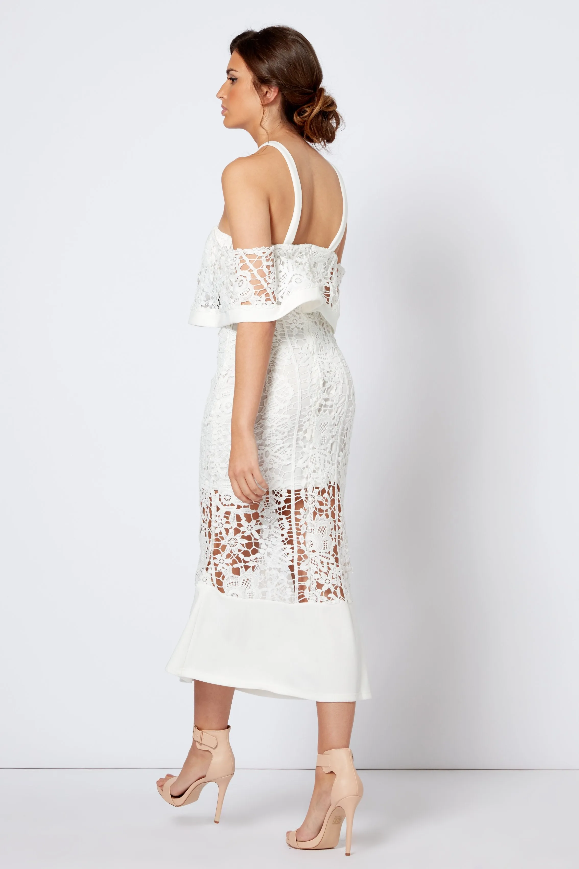 White Crochet Overlay Frill Midi Dress