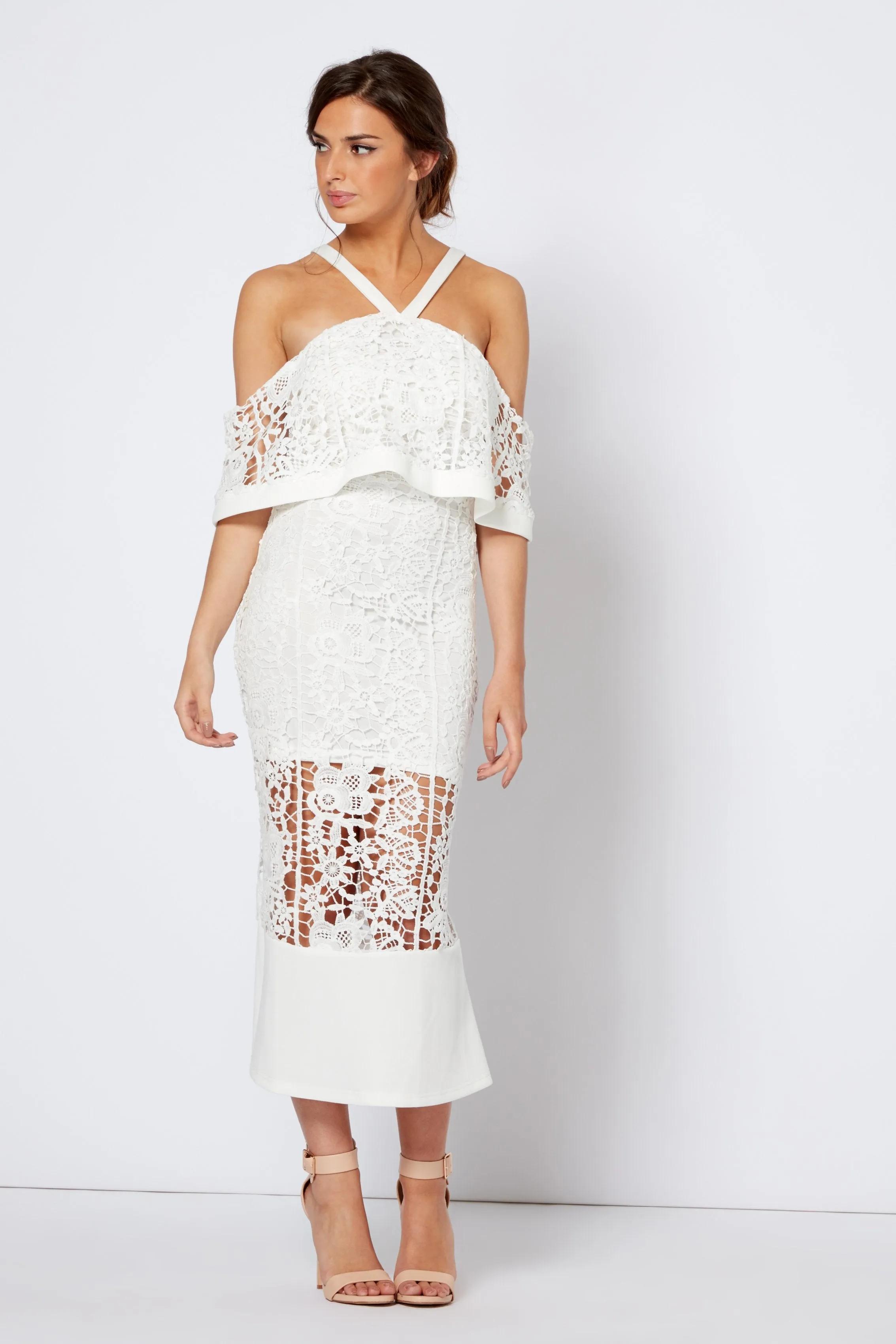 White Crochet Overlay Frill Midi Dress