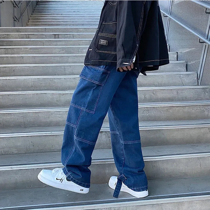 Wiaofellas  -  Cargo jeans mens Wide Leg Denim pants Loose Jeans Straight Baggy Men's Jeans fasnion hip hop Streetwear Neutral denim Trousers