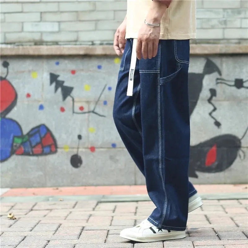 Wiaofellas  -  Japan fashion Denim Cargo Jeans Men's Fashion Brand Dark Hip-hop Loose Wide Leg Straight Pants Autumn Draping Effect Deck Pants