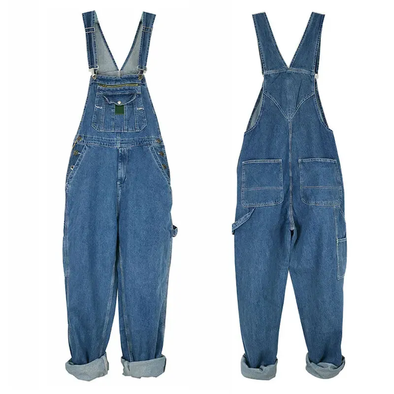 Wiaofellas  -  Men Overalls Bib Jeans Oversized Huge Loose Straight Denim Jumpsuits Wide Leg Cargo Pants Hip Hop Blue Trousers Large Size 28-50