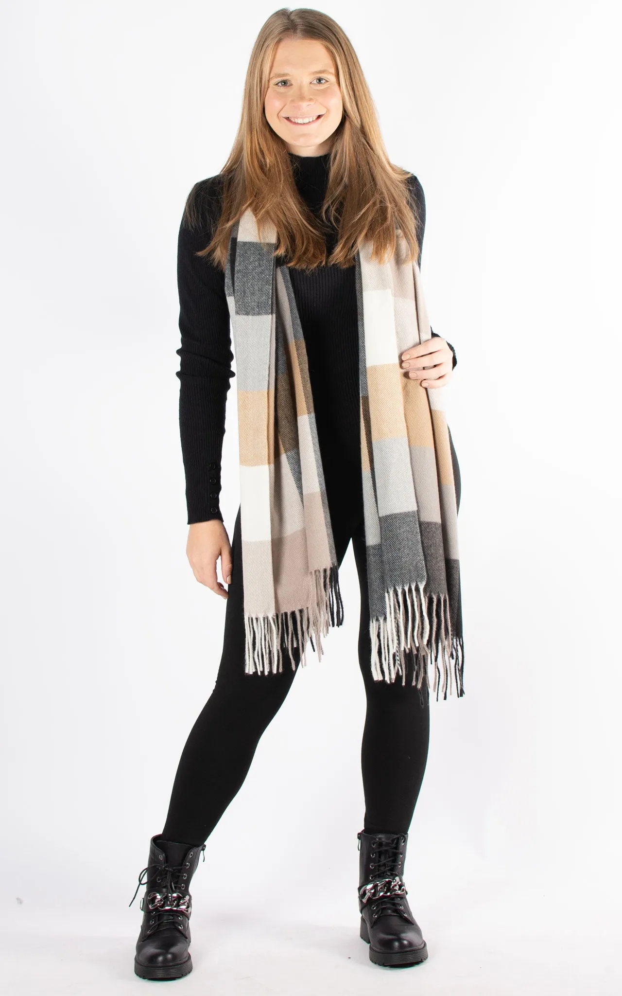 Winter Blanket Scarf | Squares | Black, Taupe & Cream