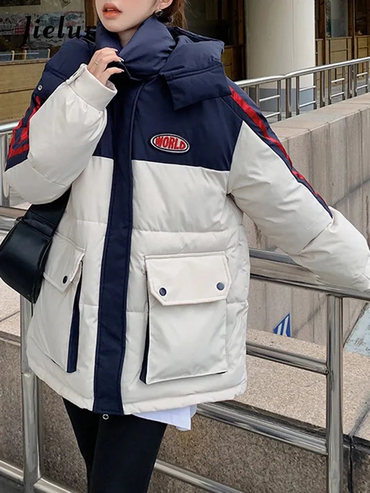 Winter Fashion Patchwork Hooded Parkas Female Casual Korean Zipper Cotton Down Jacket Women Pocket Blue Padded Parka Lady