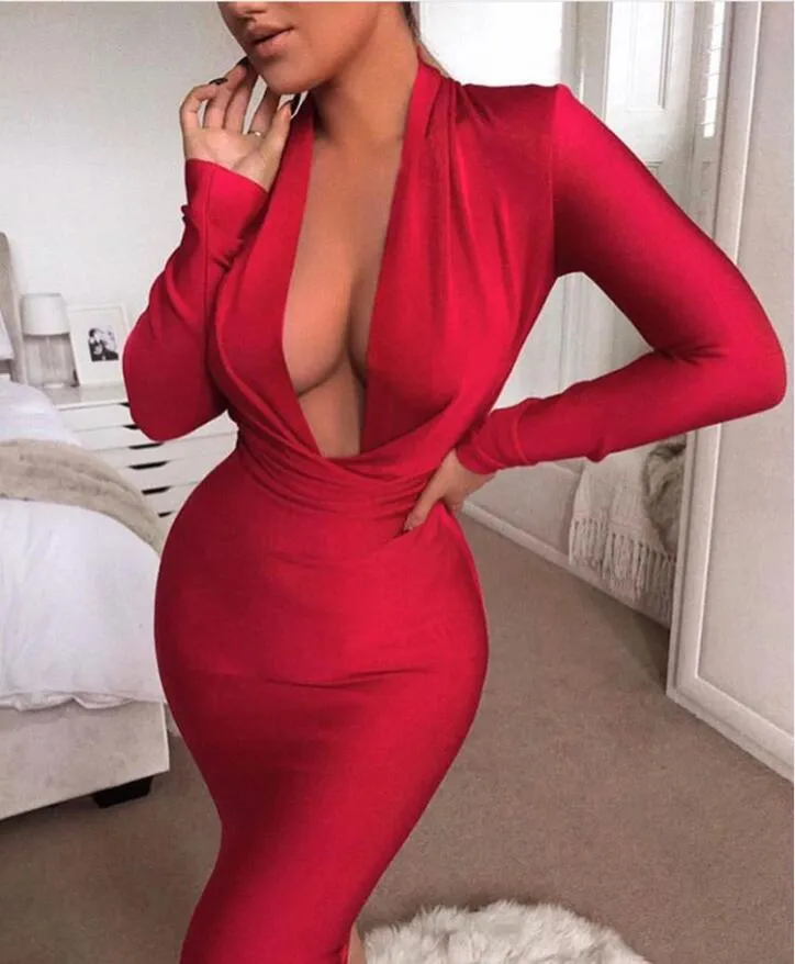 Winter Sexy V Neck Long Sleeve Women Bodycon Bandage Dress 2022 Celebrity Designer Evening Party Dress Vestido