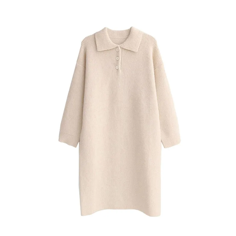 Women Buttons Lapel Loose Sweater Dress For Women Full Sleeve Female Knitted Midi Dresses 2022 Autumn Winter Vestidos DS3