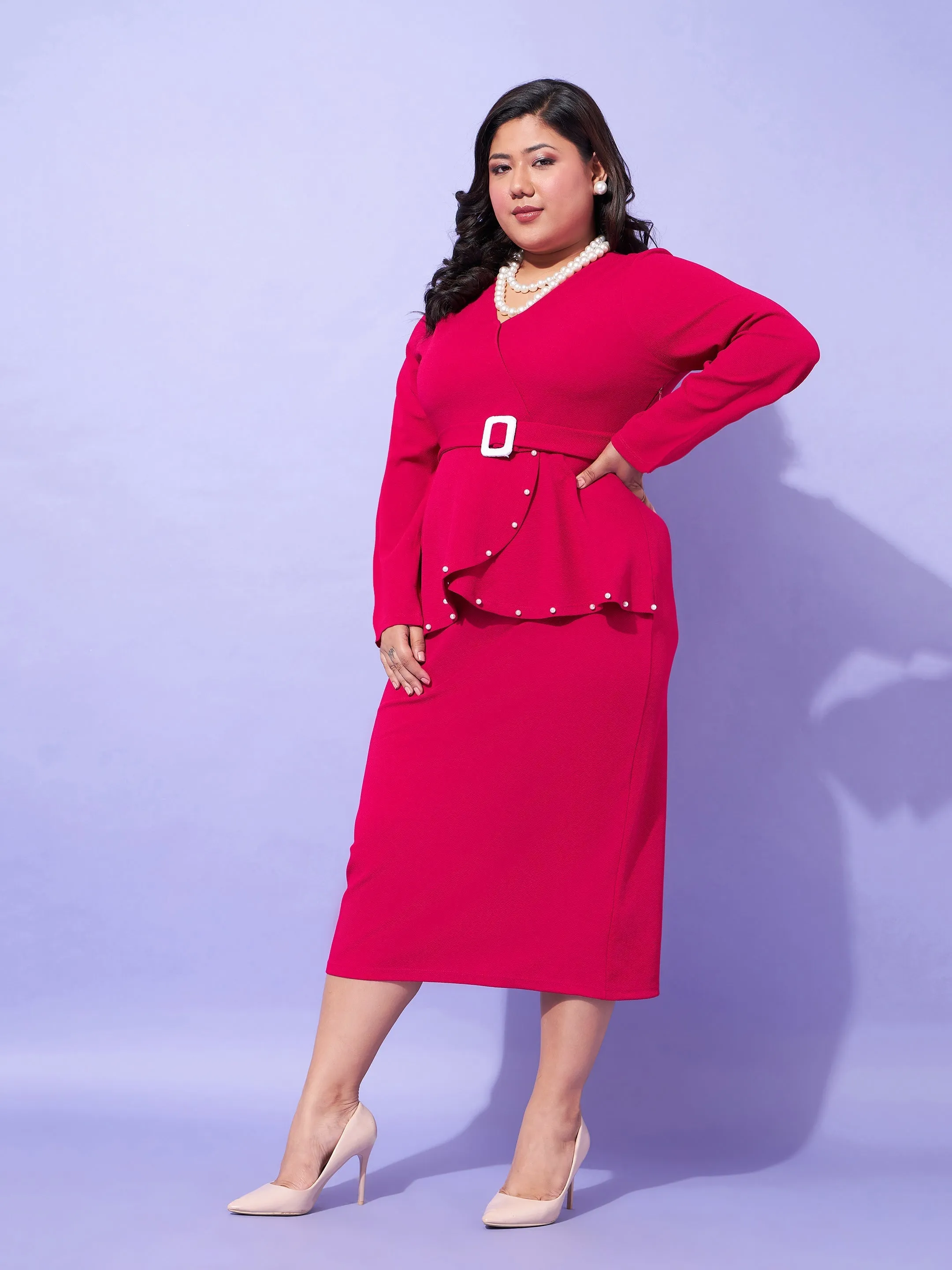 Women Fuchsia Peplum Bodycon Dress