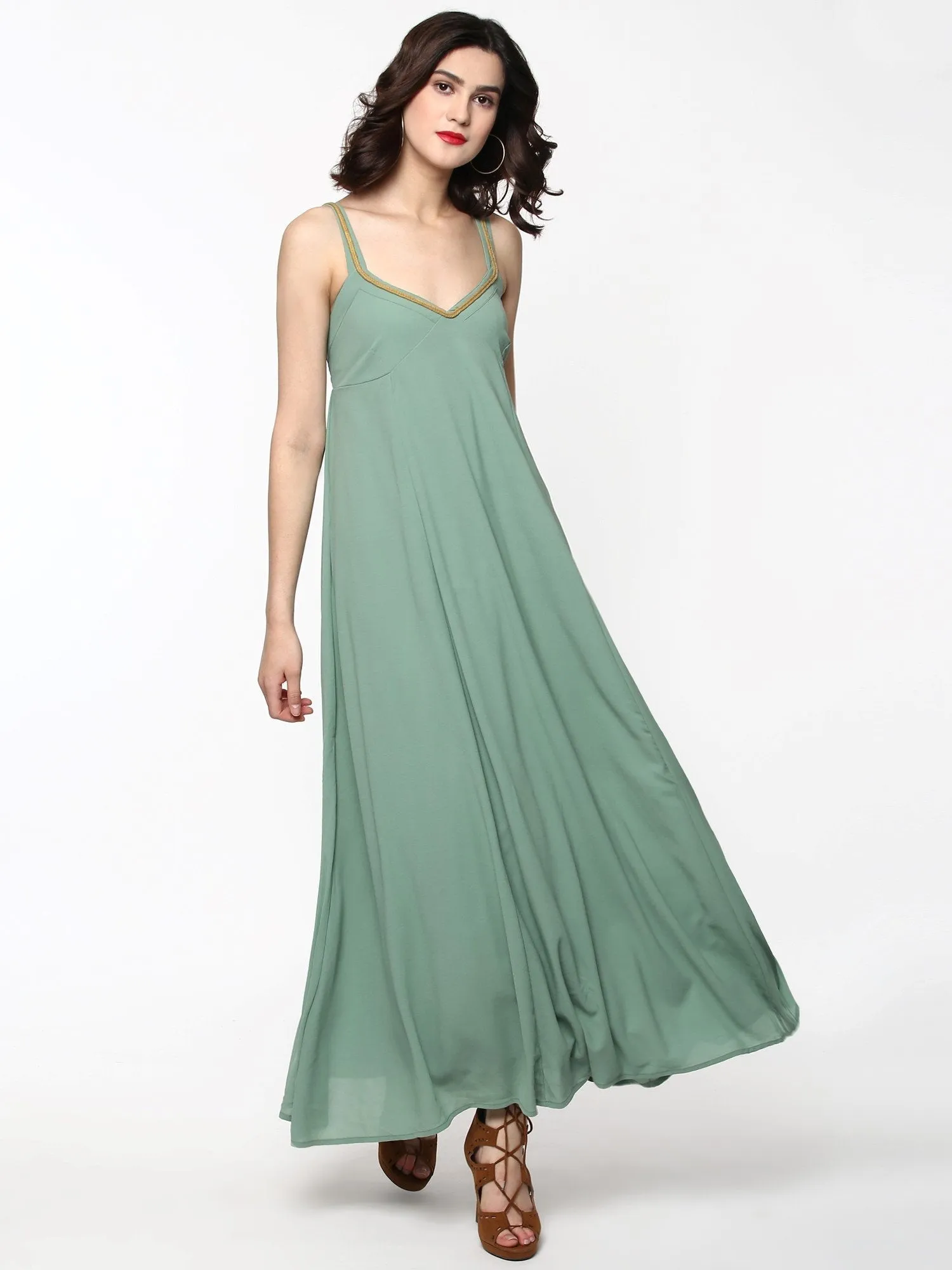 Women Green Shoulder Strap Maxi