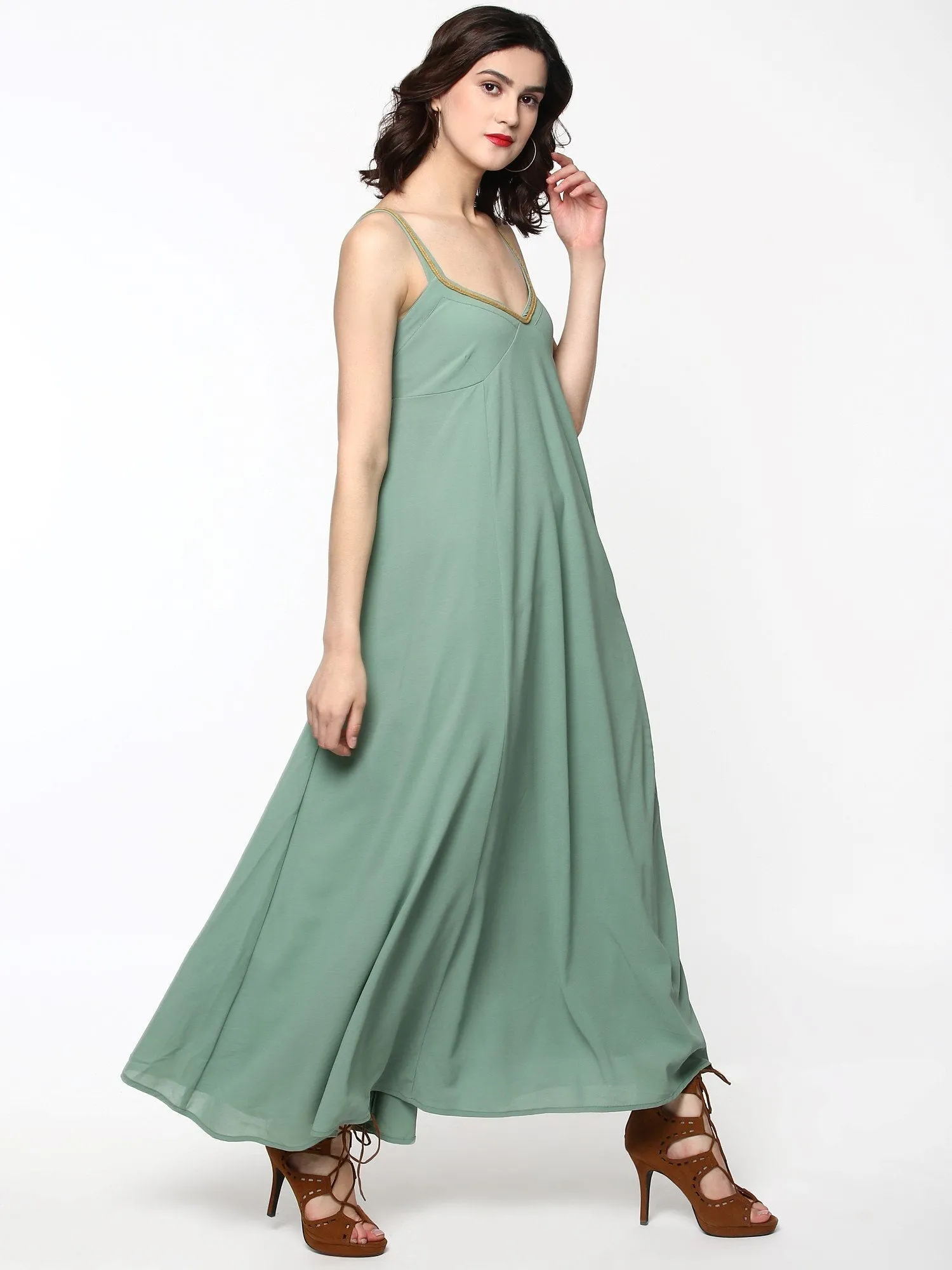 Women Green Shoulder Strap Maxi