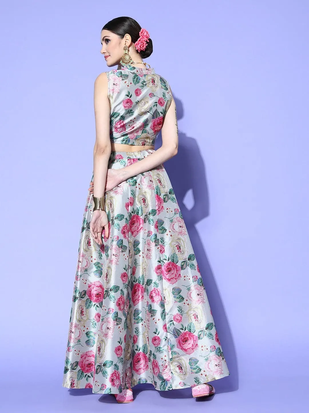 Women Grey Floral Knotch Crop Top With Anarkali Skirt