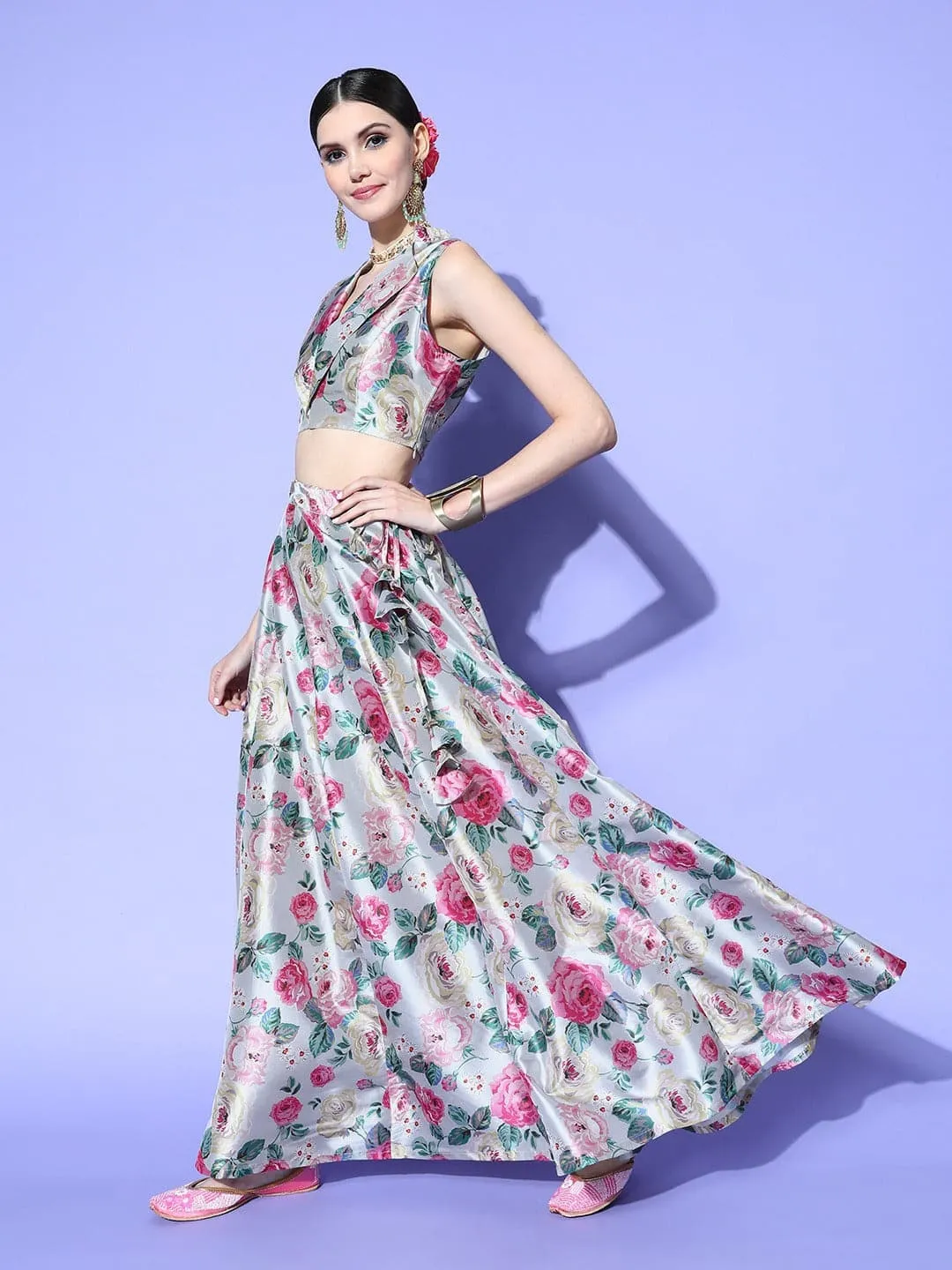 Women Grey Floral Knotch Crop Top With Anarkali Skirt