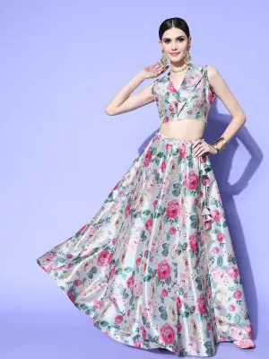 Women Grey Floral Knotch Crop Top With Anarkali Skirt