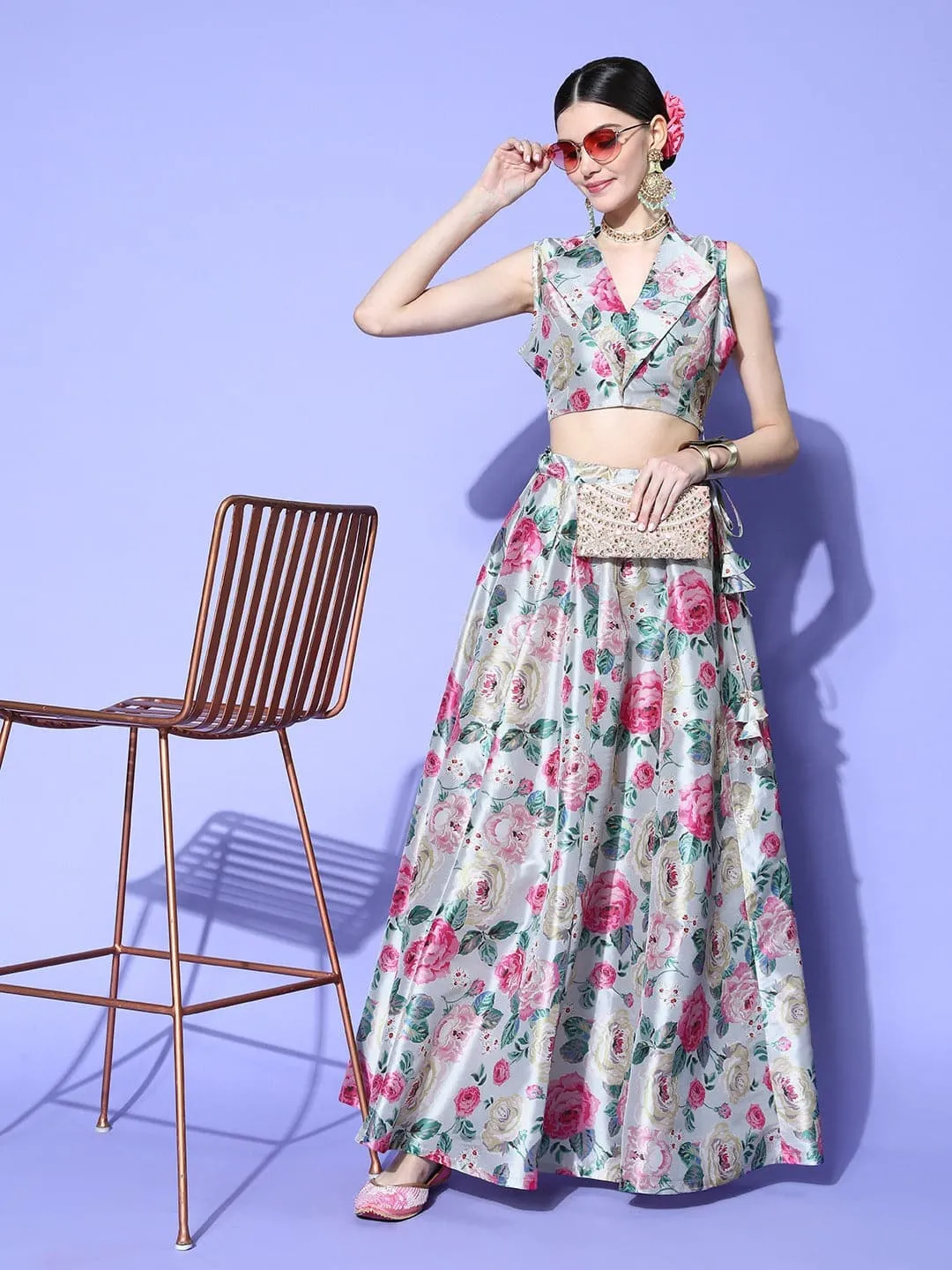 Women Grey Floral Knotch Crop Top With Anarkali Skirt