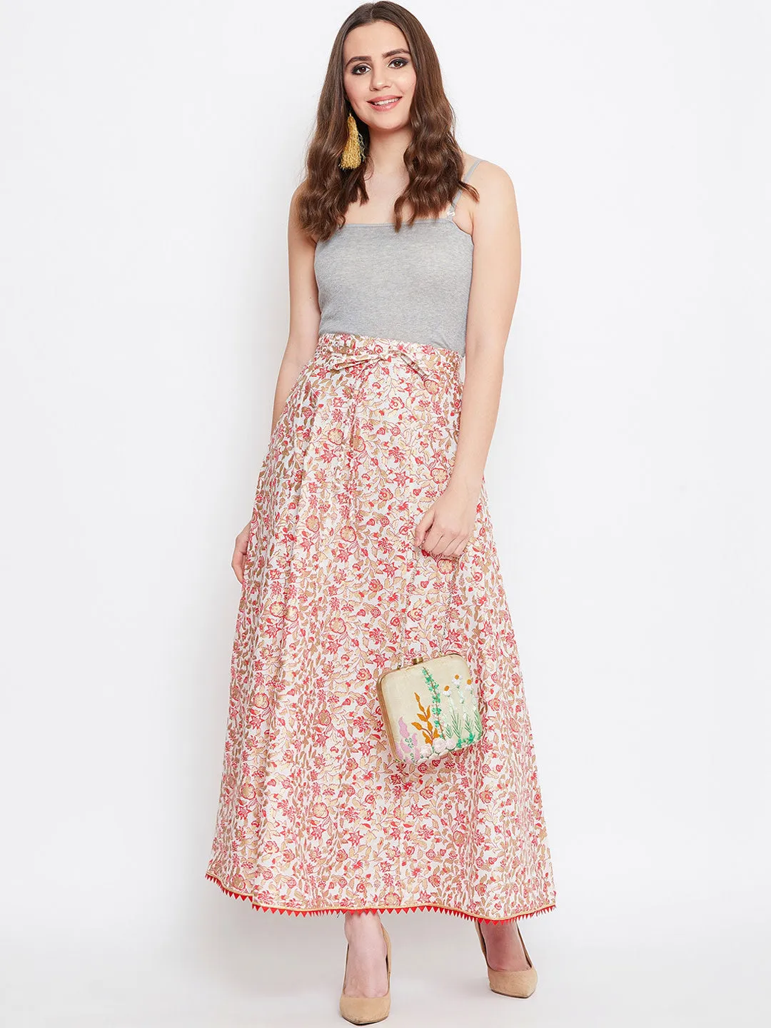 Women Off-White Red And Brown Printed Flared Maxi Skirt