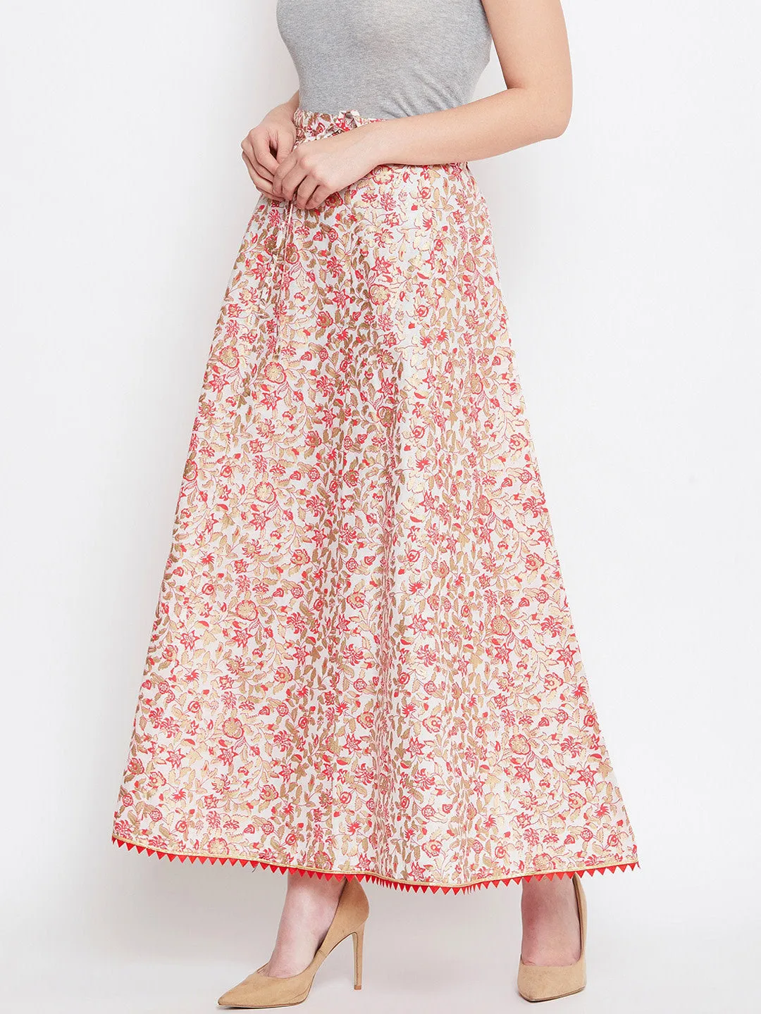 Women Off-White Red And Brown Printed Flared Maxi Skirt