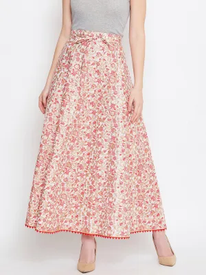 Women Off-White Red And Brown Printed Flared Maxi Skirt