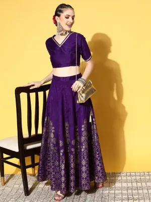 Women Purple Crop Top With Foil Anarkali Skirt