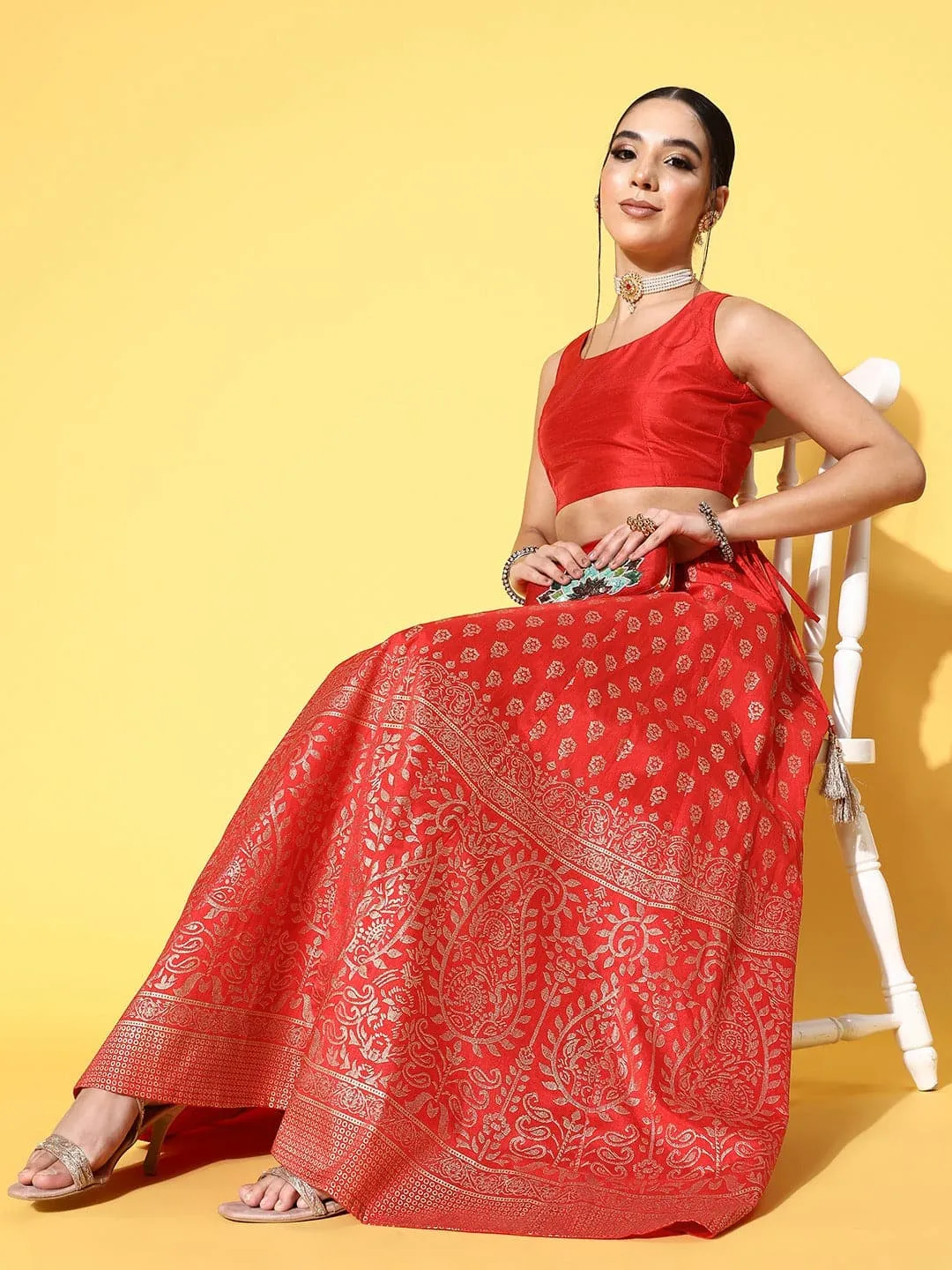 Women Red Crop Top With Paisley Foil Anarkali Skirt