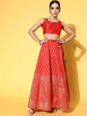 Women Red Crop Top With Paisley Foil Anarkali Skirt