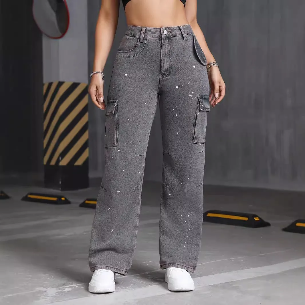 Women Summer Denim Cargo Pants Big Pocket Straight Leg Pants Street Splash Ink