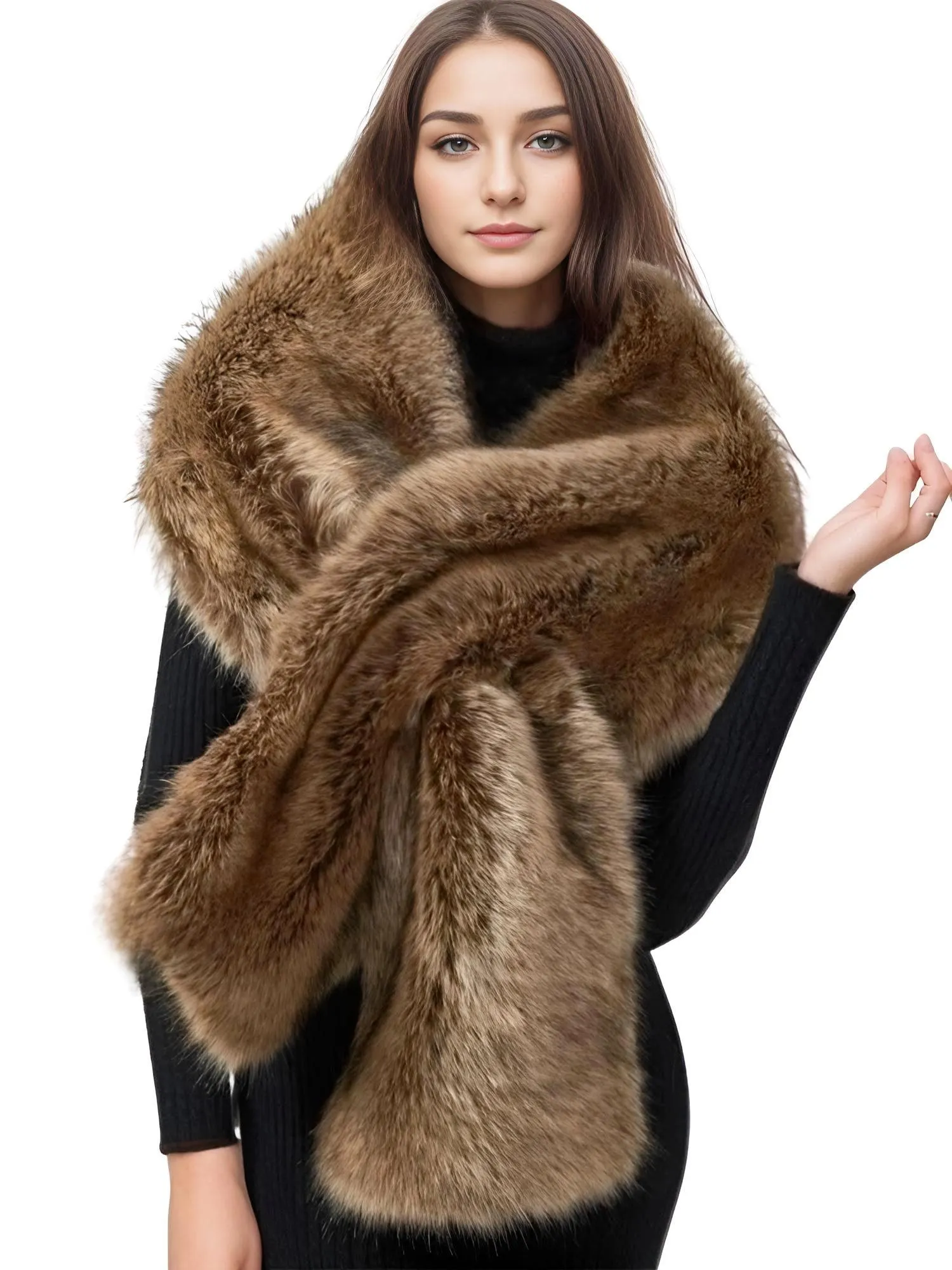 Women's Faux Fur Shawl Long Scarf Neck Warmer Women Furry Shawl Wedding Bridal Jacket Formal Evening Party Shrug Accessories